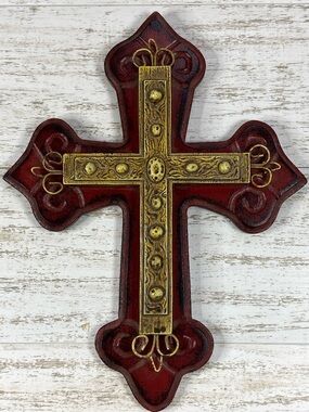 Hobby Lobby Red and Brown Decorative Wall Cross 9” Tall